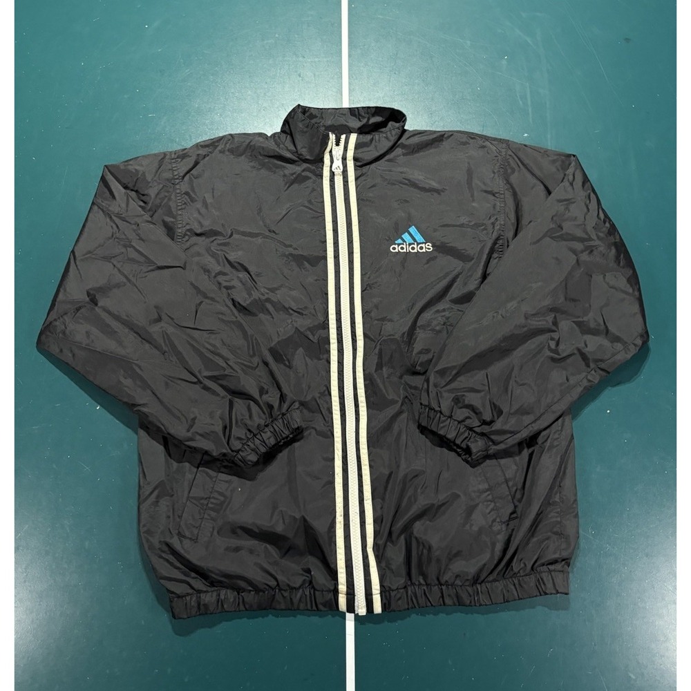 Vintage 90s Adidas Track Jacket Windbreaker Men's Large Black Center Stripe Rare